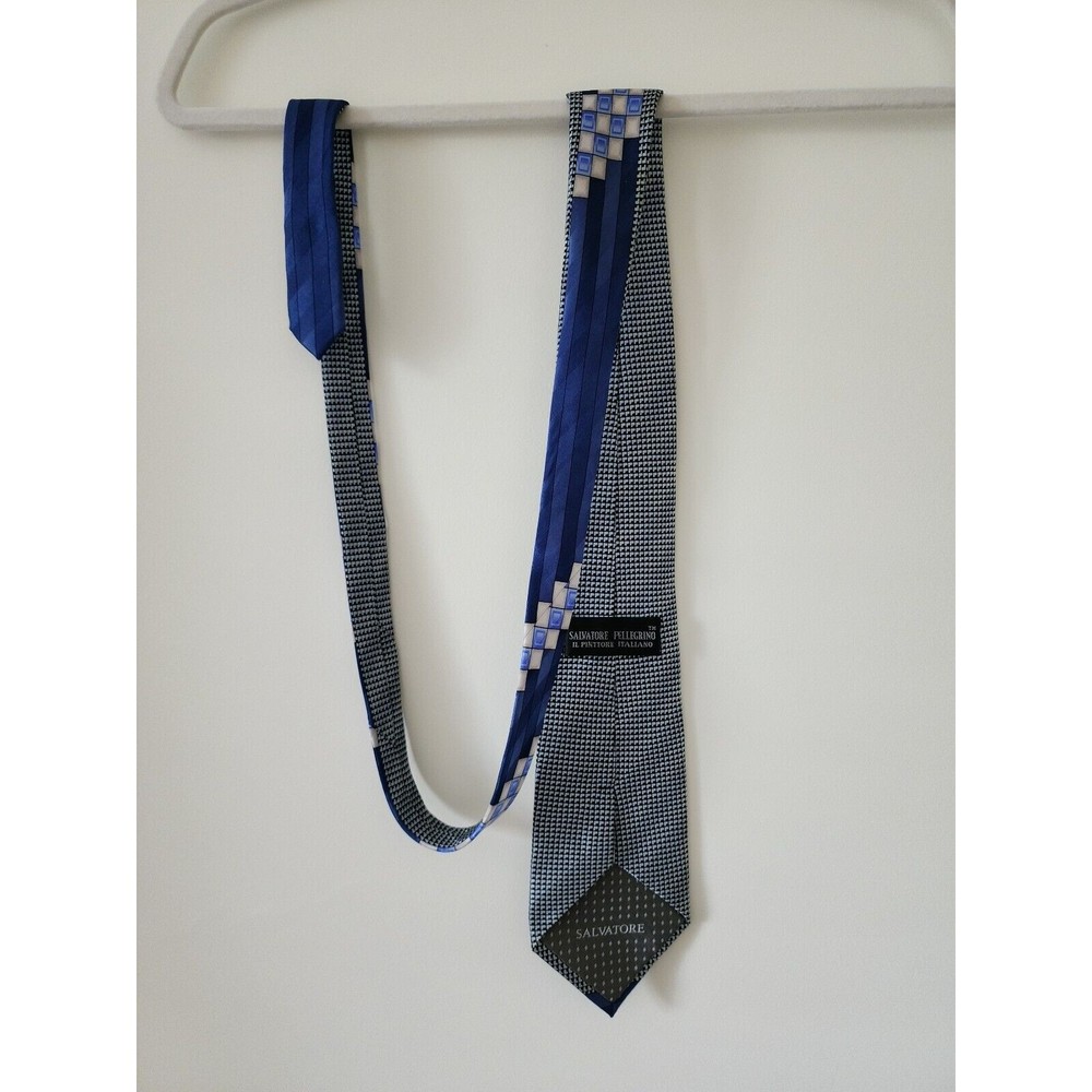 Salvatore Pellegrino Italy Mens Handmade Silk Tie Blue Gray Geometric Pattern - Picture 4 of 5